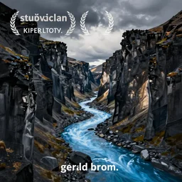 digital painting of stuðlagil canyon by gerald brom. blue river. black columns. digital render. detailed. beautiful landscape.