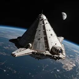 a matte painting of a triangle arcturian mother spaceship in orbit, around planet earth, moon in the distant background, highly detailed, in the style of greg rutkowski and remedios varo, dark moody lighting, hyper photorealism, trending on artstation, 8 k