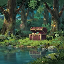 a whimsical fairyland with a pond, beautiful ancient trees, hiding large treasure chest, serene evening atmosphere, soft lens, soft light, cel - shading, animation, in the style of cgsociety, deviantart, artstation, zbrush, cinema 4 d, studio ghibli, akihiko yoshida, atelier lulua, masamune shirow