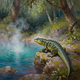 a manlizard finding a colorful hotspring deep in the forest, oil painting, highly detailed, medieval fantasy, featured on artstation
