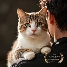 a portrait of a cat sitting on a man's shoulder