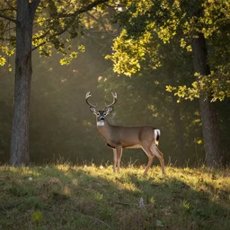 beautiful wooded landscape, wide shot of a realistic alert buck white tail deer with large antlers standing on top of a hill with light shining through the trees in the early morning, global illumination, volumetric shadows, volumetric, in the style of field and stream
