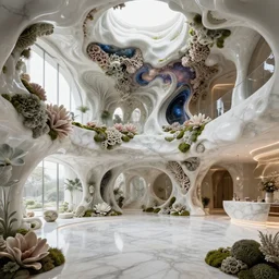 highly detailed ultra sharp 3 d render gorgeous interior villa cinematic composition of a smooth ceramic porcelain biomorphic magnolia stone corals nebula fluid award winning fractal sci - fi surreal architecture, white granite, lichen, marble, moss, vincent callebaut composition, mamou - mani, archviz, beautiful lighting, 8 k, unreal engine, hdr