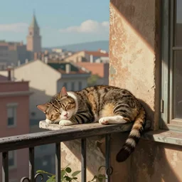 a cat resting peacefully on a city balcony, old cartoon