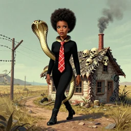 I walk 47 miles of barbed wire, I use a cobra snake for a necktie, I've got a brand new house on the roadside made of rattlesnake hide, its got a smokestack chimney laid on top made out of human skulls, now come on take a little walk with me doll and tell me who do you love? Bo Diddley, Afrofuturism, intimidating stare, deviantart, matte painting by Rudolph Belarski