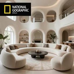 8 k national geographic dslr award winning photo of a elaborate dense living room, unique modern furniture, volumetric lighting, patina and navy - blue and rose colors, reflections, large abstract colorful murals, sunbeams, raytracing, very detailed