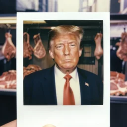 close up portrait of donald trump standing close to camera, times square, butchery behind him, cinematic focus, polaroid photo, vintage, neutral dull colors, soft lights, dramatic, by oleg oprisco, by thomas peschak, by discovery channel, by victor enrich, by gregory crewdson