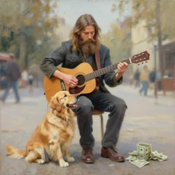 oil painting of a man with long hair and a beard with his golden retrever dog playing guitar in the square for money, by greg rutkowski, artstation