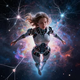 portrait woman cyborg floating in space letting go of reality and experiencing the quantum feild, matte painting comic book art, cinematic, highly detailed, realistic, beautiful cosmic neural network, octane render, unreal engine, depth of field, trending on artstation, sharp focus, philosophical splashes of colors