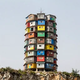 one large tower, made up of stacked brutalist squatter shacks and makeshift shelters with bright colours, suspending over a cliff, phase one, uniform plain sky, fine details, photographed by frans lanting