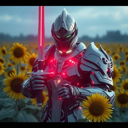 photography of a hyper realistic cybertronic knight with a sword. complex and highly detailed armor, leds, in a sunflower field. intense stare, concept art, intricate detail, volumetric shadows and lighting, realistic glass sculpture, octane render, unreal engine.