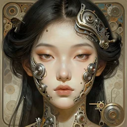 symmetry!! asian, machine parts embedded into face, intricate, elegant, highly detailed, digital painting, artstation, concept art, smooth, sharp focus, illustration, art by artgerm and greg rutkowski and alphonse mucha, 8 k