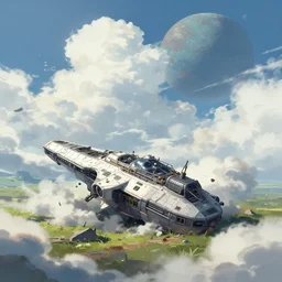 a spaceship crashed into a foreign planet, lush. The spaceship is buried in the ground. beautiful white clouds. in the style of digital art, artstation trending, rossdraws, breath of the wild