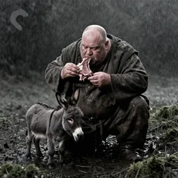1 9 7 0 s movie still by tarkovsky of one giant obese old bald man in dirty medieval clothes eating meat with one tiny donkey in a swamp, mossy, by night, cinestill 8 0 0 t 3 5 mm b & w, heavy grain, high quality, noir, natural textures, photorealistic, ambient occlusion, hd, mud, fog, heavy rain criterion collection