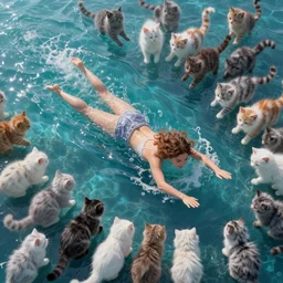 aerial shot of a gorgeous inspiring girl enthusiastically swimming in sea made of fluffy kittens in Mandelbrot fractal by Craig Mullins, ilya kuvshinov, krenz cushart, artgerm trending on artstation by Edward Hopper and Dan Mumford and WLOP and Rutkovsky, beksinski carl spitzweg moebius and tuomas kocar, intricate artwork by caravaggio, Unreal Engine 5, Lumen, Nanite, low poly