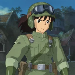 an anime girl soldier, sci-fi, angry, anime by Studio Ghibli