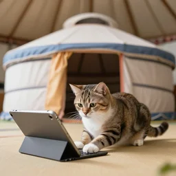 photo of a yurt of a cat playing ipad