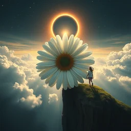large white daisy flower as a face, girl walking on cliff, surreal photography, solar eclipse, stars, dramatic light, impressionist painting, clouds, digital painting, artstation, james gilleard, liam wong, jeremy mann, simon stalenhag