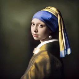 mona lisa as the girl with the pearl earring in the style of vermeer, desaturated, minimalistic, soft skin tones