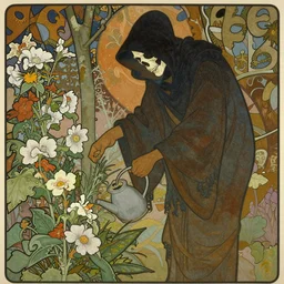 skull - headed grim reaper watering flowers in the garden by mucha