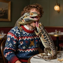 An ugly sweater being licked by a lizard in a restaurant, Neoclassical painting, Highly Detailed, intricate, trending on art station, amazing artwork, sharp focus , 8k UHD