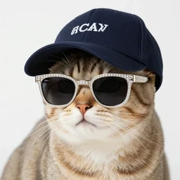 cat with jewelry sunglasses and baseball cap