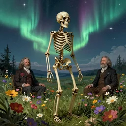 a detailed profile illustration of skelleton standing in a field of flowers, aurora lighting clouds and stars by beksinski carl spitzweg and tuomas korpi. intricate artwork by moebius. Trending on artstation. 8k