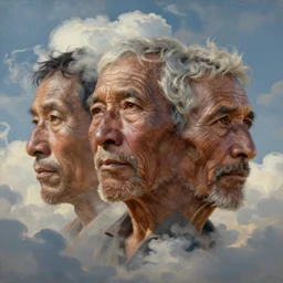 faces of old indigenous people made of clouds in the sky, art by christophe vacher