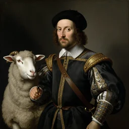old renesaince painting of a sheep, royal guard suit from 1 7 th century, serious look, portrait painting, by gret rutkowski