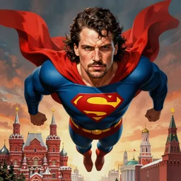 epic comic book cover of stalin as superman floating over the red square ( moscow ), soviet propaganda poster, socialist realism, aesthetically pleasing, finely detailed facial features, photorealistic, intricate digital art, trending artstation, artgem, rich moody colors, fan art, concept art, in the style of the red son and invincible