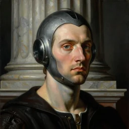 a baroque neoclassicist close - up portrait of a retrofuturistic assassin head and shoulders, large marble architecture in background. renaissance portrait painting. highly detailed science fiction painting by norman rockwell, frank frazetta, and syd mead. rich colors, high contrast, gloomy atmosphere, dark background. trending on artstation
