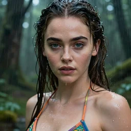 beautiful emilia clarke wearing a magical bikini in a magical raining forest, highly detailed face, realistic face, rain drops on face, beautiful detailed eyes with a piercing gaze, fantasy art, in the style of artgerm, illustration, epic, fantasy, intricate, hyper detailed, artstation, concept art, smooth, sharp focus, ray tracing, vibrant, photorealistic