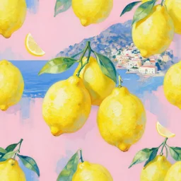' floreal composition, vintage funky wallpaper, big yellow lemons, amalfi coast, blues, pink background, oil painted'