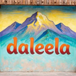 wall painting of mountains with the word daleela colorful