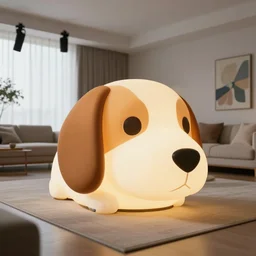 a large lamp, shaped as a 3d beagle puppy head, placed in a large living room, art designers magazine HD photo superrealism 3d 8k resolution
