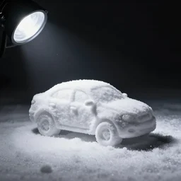 car made of snow, studio light, dark background, 3 5 mm photography