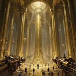the depths of a vast artificial world with massive towering pillars holding the ceiling of the landscape up, detailed, brass coloration, energetic beings patrolling, extreme depth, alan bean, zdzisław beksinski and peder balke collaboration, godrays, colossal hovering machine automations of brutalist design visible in the foreground