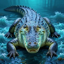 symmetric! portrait of a anthropomorphic crocodile, fractal textured skin, glowing eyes, intricate detailed, background waves aquatic, luminescent digital art by paul barson and artgerm, 8 k hdr