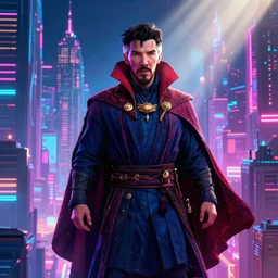 cityscape, doctor strange!!!!, vaporwave, synthwave, glowing neon lights, detailed illustration, octane render, god rays, intricate, epic lighting, cinematic composition, hyper realistic, 8 k resolution, unreal engine 5, by artgerm, tooth wu, dan mumford, beeple, wlop, artstation