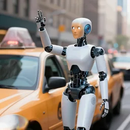 female robot hailing a cab in new york