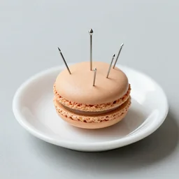 needles and pins sticking out of macaron on a tiny plate