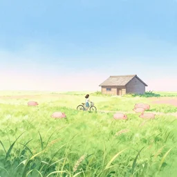 landscape, a girl, tall weeds, a bicycle, pigs, a cottage, gentle gradients, sunlit, blue sky, japanese countryside. green and pink and blue, bright pastel watercolour, by shomei yoh
