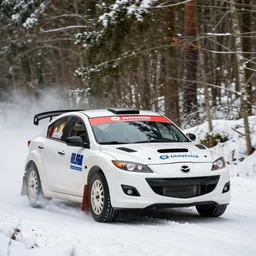 a 2 0 0 9 mazda mazdaspeed 3, racing through a rally stage in a snowy forest