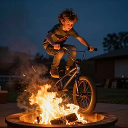 kid jumping his bmx over a fire pit