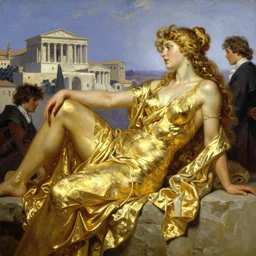 beautiful painting of a beautiful golden goddess lounging with a roman town in the background by frank frazetta, charlie bowater, magali villeneuve, j. c. leyendecker, ray - traced lighting,