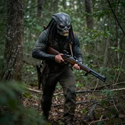 the predator roaming the woods with a rifle, red eyes, Donald McAlpine