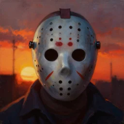 macro head shot, jason voorhees, dramatic sunset, scary, shadows, top light, backlighting, oil painting by frazetta