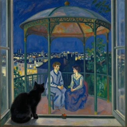 couple under a baldachin with city seen from a window frame at night. fuzzy black cat. henri de toulouse - lautrec, utamaro, matisse, felix vallotton, monet