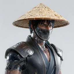 hyper realistic, highly detailed hybrid of raiden from mortal kombat, and raiden from metal gear solid wearing a conical rice hat. unreal engine, greg rutkowski, beeple global illumination, translucent, sub - surface scattering,