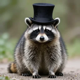 racoon sitting wearing a top hat, photograph, 5 0 mm lens